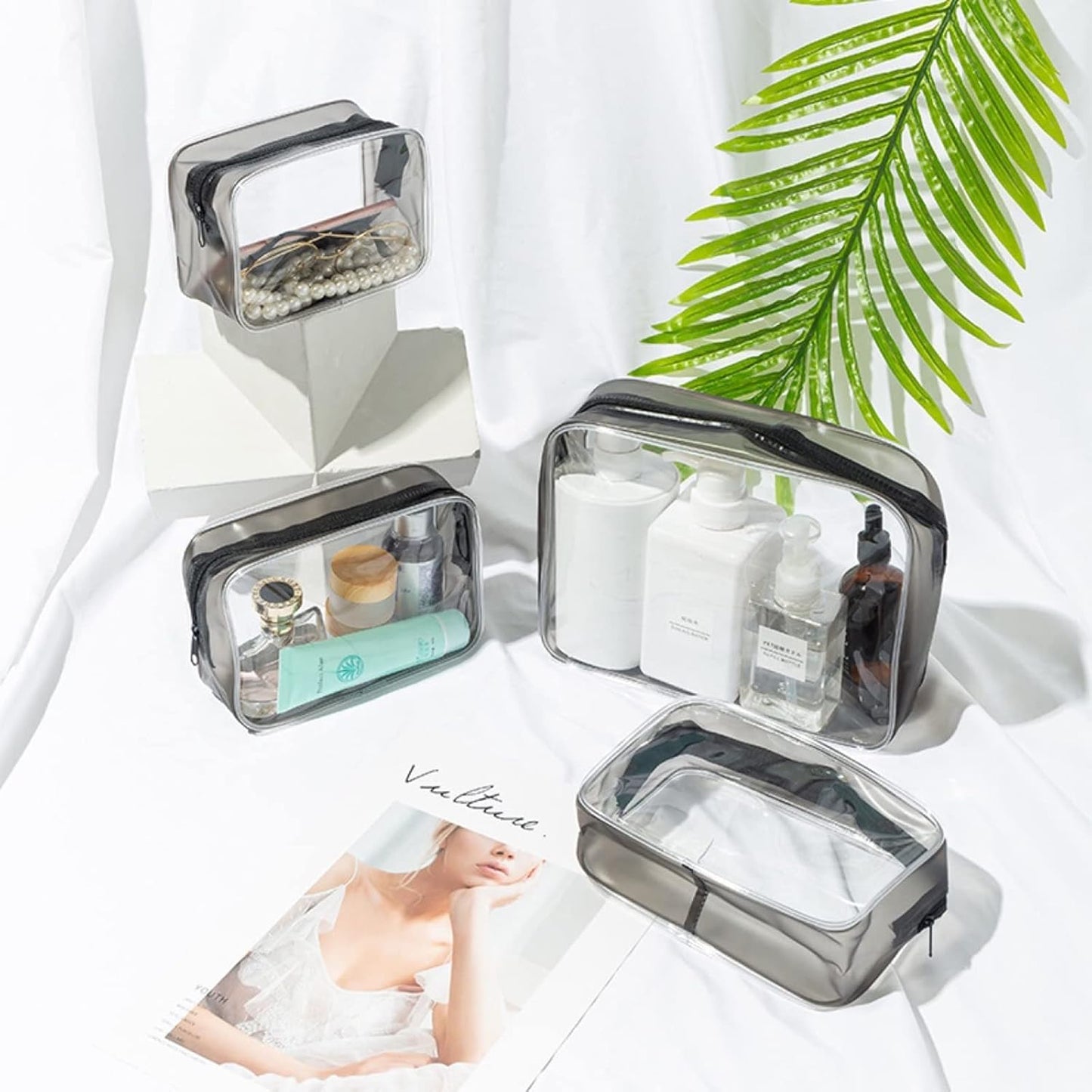 KEYRI 4 Pieces Transparent Toiletry Bags Travel Beauty Case Waterproof TSA Travel Bag Travel Bags Transparent Airplane Travel Kit Makeup Bag for Cosmetics Women Men, Black