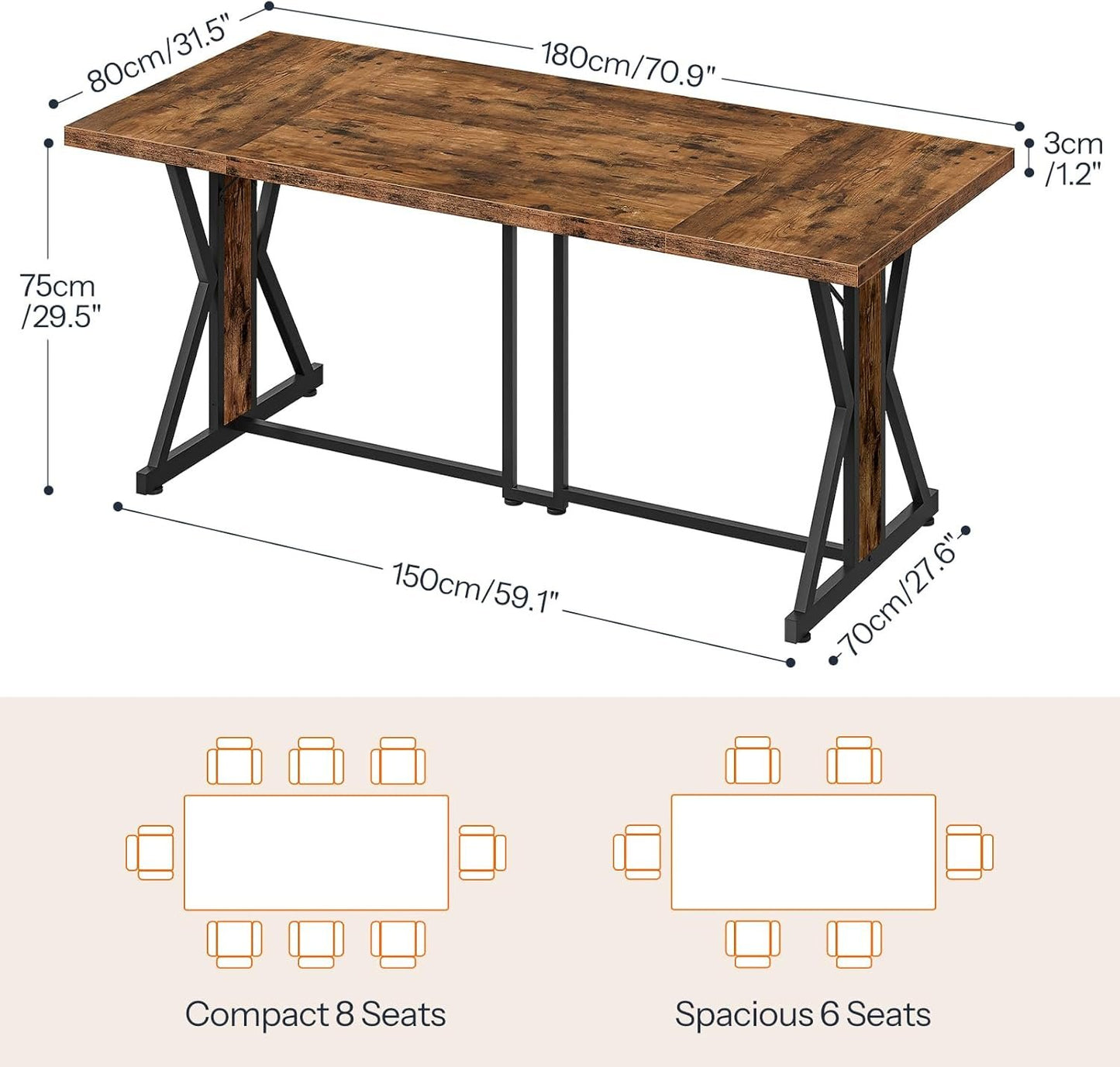 HOOBRO Dining Table, 180 cm Kitchen Dining Room Table with Sturdy Metal Frame, Rectangle Furniture with Heavy Duty Legs & Wooden Top, for Home Kitchen Living Room, Rustic Brown and Black BF180CZ01