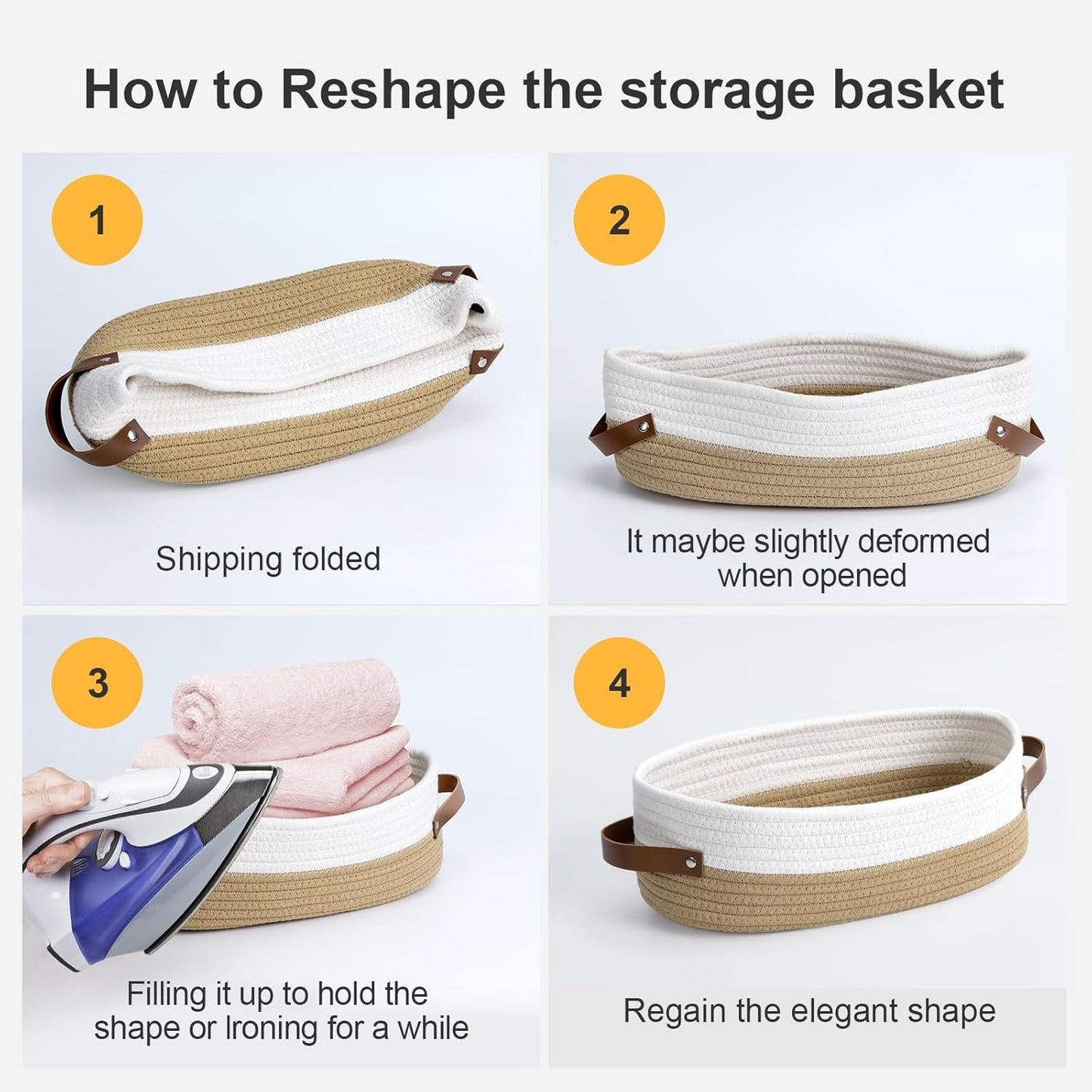 DIMJ Woven Rope Baskets Cotton - 4 Pack Toilet Paper Basket Small Nursery Storage Basket Set With Handles, Rectangle Cute Baskets for Gifts for Home Decor Organization Baby, Nursery,White and Brown