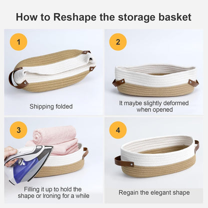 DIMJ Woven Rope Baskets Cotton - 4 Pack Toilet Paper Basket Small Nursery Storage Basket Set With Handles, Rectangle Cute Baskets for Gifts for Home Decor Organization Baby, Nursery,White and Brown