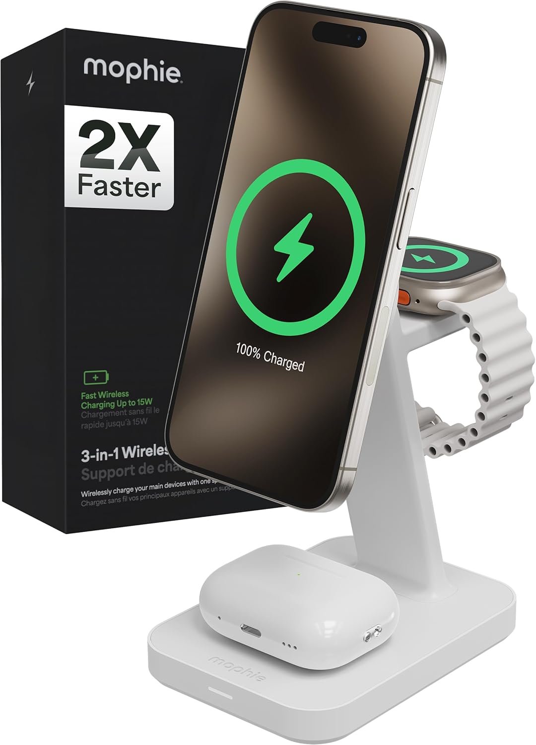 Mophie Snap+ 3-in-1 Wireless Charging Stand - MagSafe & Qi2 Certified, Compatible with iPhone 16/15/14/13/12, Apple Watch, AirPods - Multi-Device Magnetic Charging Station, Eco-Friendly Design, White