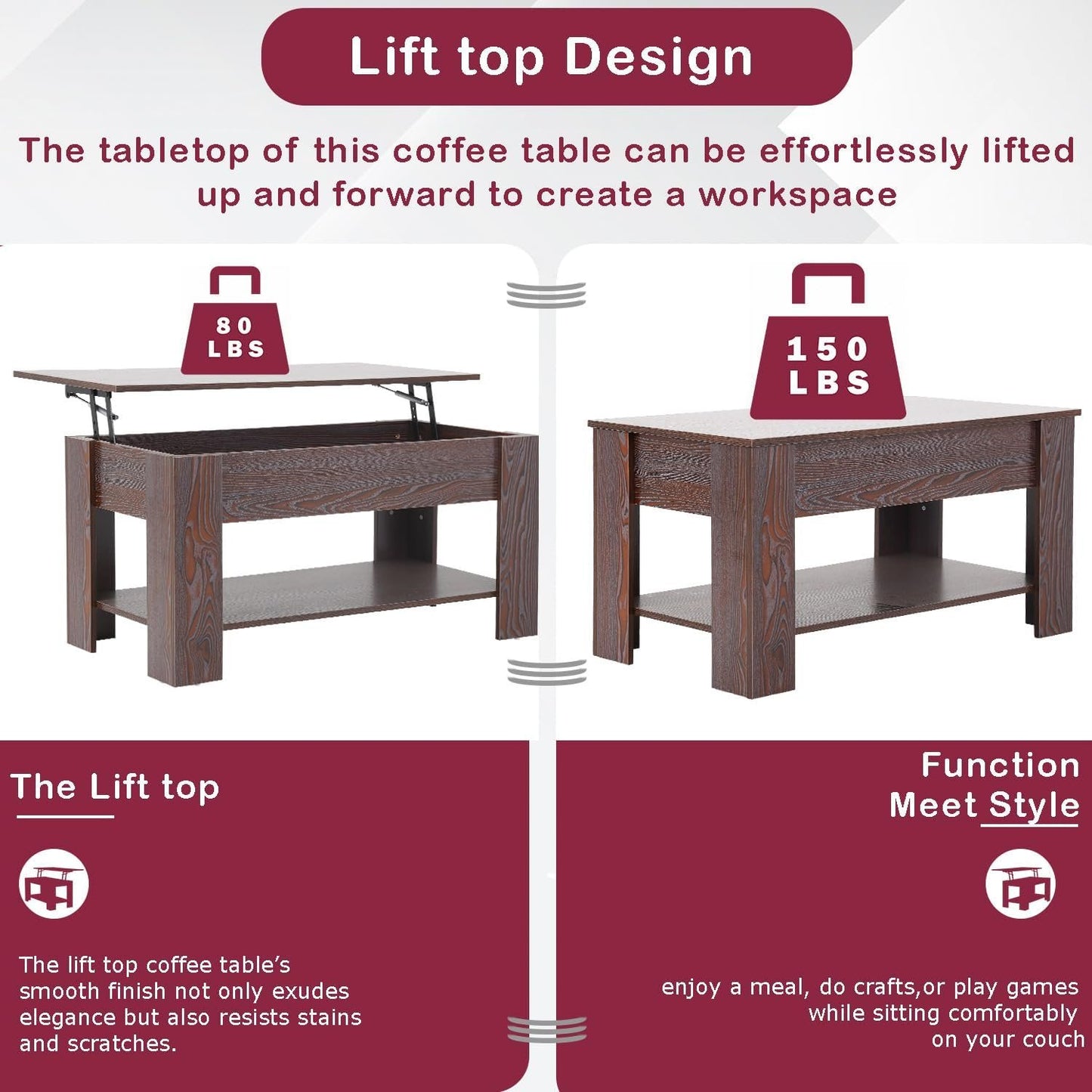 Lift Top Coffee Table w/Hidden Compartment and Storage Shelf,Retro Wooden Lift Tabletop Dining Table Multifunctional Wood Working Table for Living Room Office Reception Room,39.4in L,Espresso