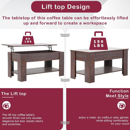 Lift Top Coffee Table w/Hidden Compartment and Storage Shelf,Retro Wooden Lift Tabletop Dining Table Multifunctional Wood Working Table for Living Room Office Reception Room,39.4in L,Espresso