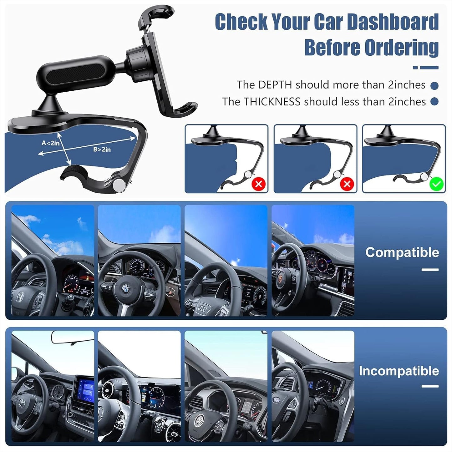 Car Phone Holder, Adjustable Mobile Phone Holder for Dashboard and Windshield, 360 Degree Rotation, Compatible with Mobile Phones from 4.0 to 7.0 Inches