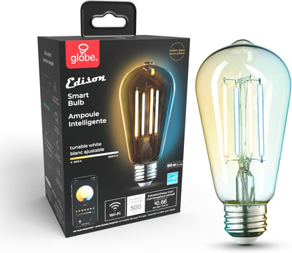 Globe Electric 34919 Wi-Fi Smart 5.5W (60W Equivalent) Straight Filament Tunable White Amber Glass LED Light Bulb, No Hub Required, Voice Activated, 2000K - 5000K, Vintage Edison Style, E26 Base