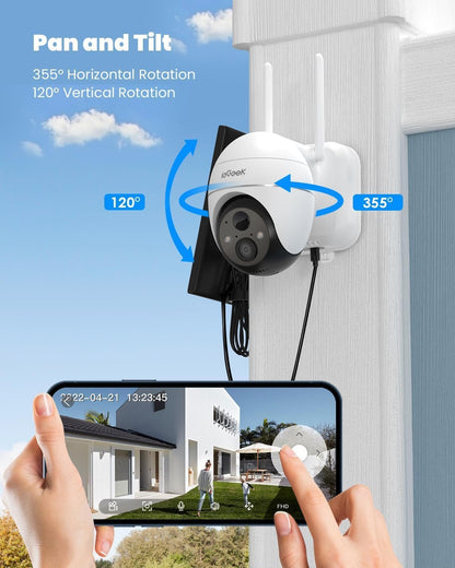 ieGeek Security Cameras Wireless Outdoor, 2K Solar Security Camera 360Â° PTZ with Spotlight & Siren, 2.4Ghz Outdoor Security Cameras, Color Night Vision, Compatible with Alexa, PIR, 2-Way Talk, White