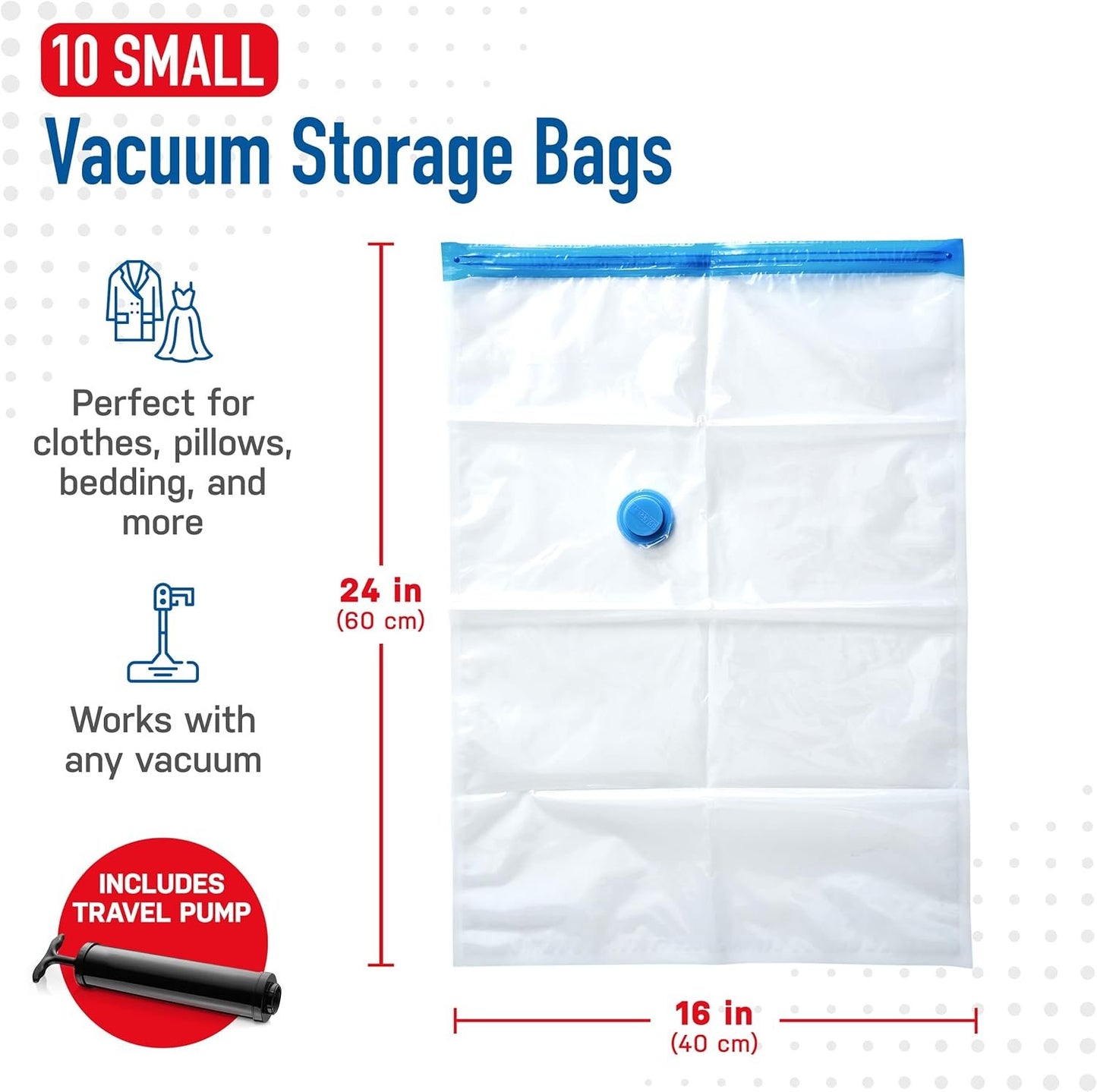 Spacesaver Vacuum Storage Bags Small 10-Pack - Vacuum Seal Bags for Clothing, Comforters, Blankets, and Bedding - 60 x 40 cm Space Saver Bags for Travel and Home Organization with Hand Pump Included
