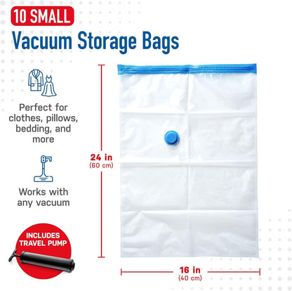 Spacesaver Vacuum Storage Bags Small 10-Pack - Vacuum Seal Bags for Clothing, Comforters, Blankets, and Bedding - 60 x 40 cm Space Saver Bags for Travel and Home Organization with Hand Pump Included