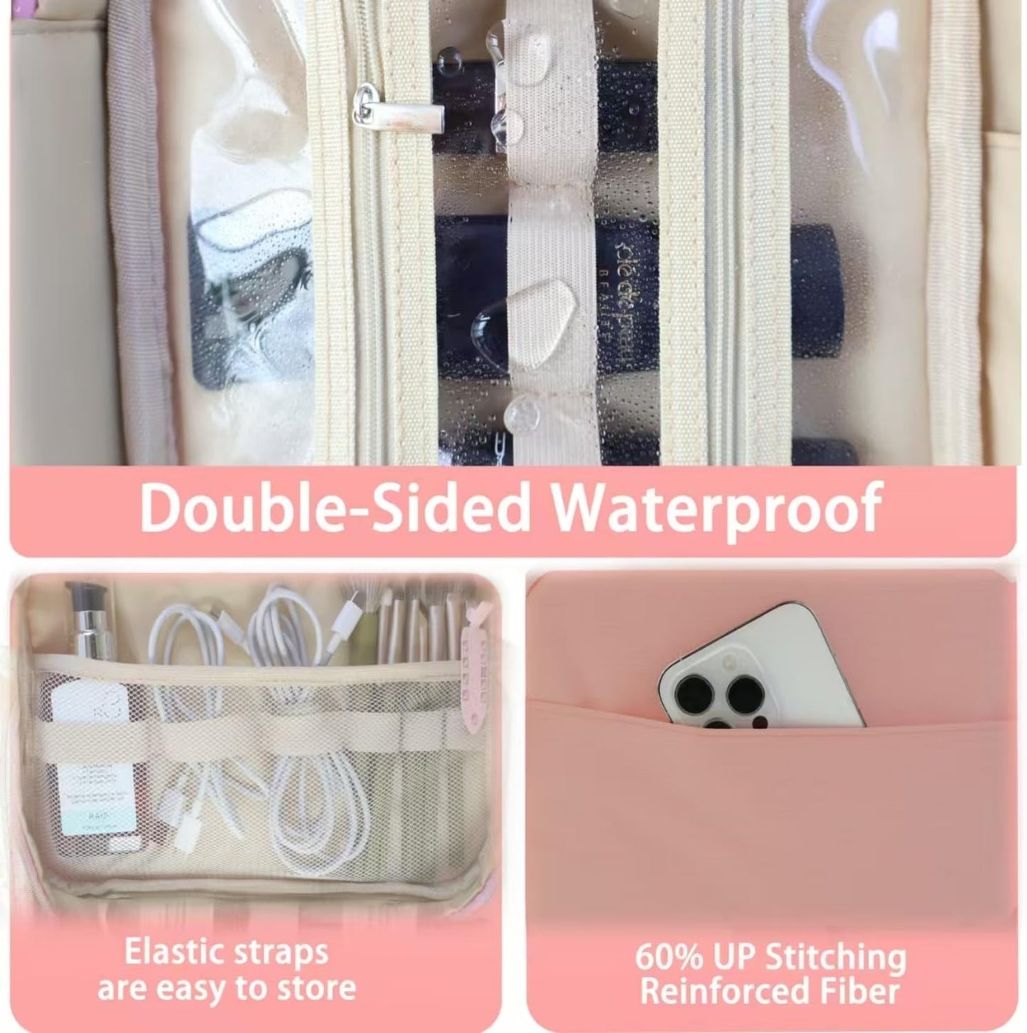 4 Pocket Card Binder, Toiletry Bag with Hanging Hook, Water-Resistant Makeup Cosmetic Bag Travel Organizer for Travel-Sized Shampoo, Conditioner, Brushes Set, Makeup Accessories, Pink