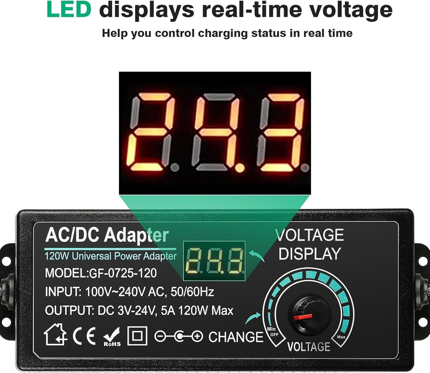 Jadeshay Adjustable Power Adapter 3 V-24 V 5 A 120 W Universal Adapter 100 V-240 V AC to DC with LED Display, Power Adapter Converter for Home Electronics