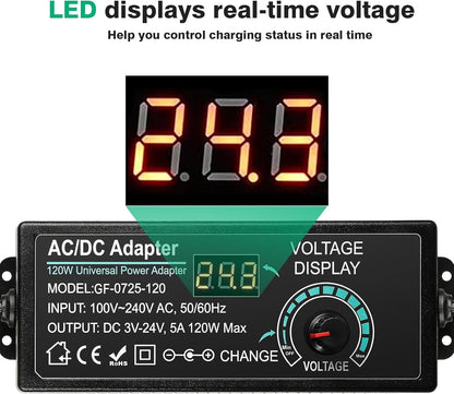 Jadeshay Adjustable Power Adapter 3 V-24 V 5 A 120 W Universal Adapter 100 V-240 V AC to DC with LED Display, Power Adapter Converter for Home Electronics