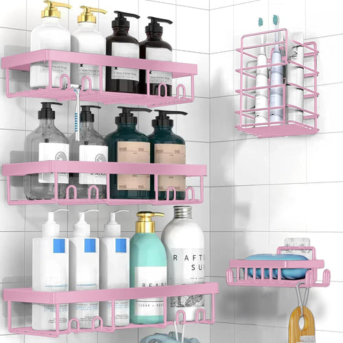 Yimoshan Adhesive Shower Caddy Organizer Shelves Rack - 5 Pack Corner Bathroom Storage Organization, Home & Kitchen Decor Inside RV Accessories (Pink)