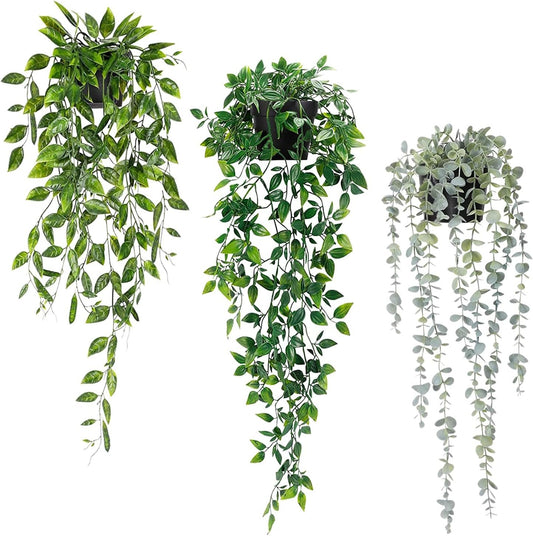 Artificial Hanging Plants 3Pcs Potted Greenery Decor - Grey Eucalyptus Mandala Snow Pea Vine in Pot Plants for Office Farmhouse Home Indoor Outdoor Decor