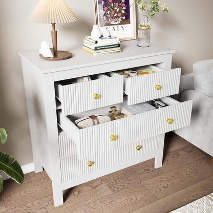 KOMHTOM Chest of Drawers for Living Room Bedroom White with 5 Drawers Wardrobe with Gold Handles Living Room Kitchen Bedroom Furniture White