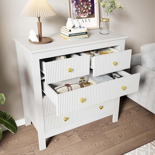 KOMHTOM Chest of Drawers for Living Room Bedroom White with 5 Drawers Wardrobe with Gold Handles Living Room Kitchen Bedroom Furniture White