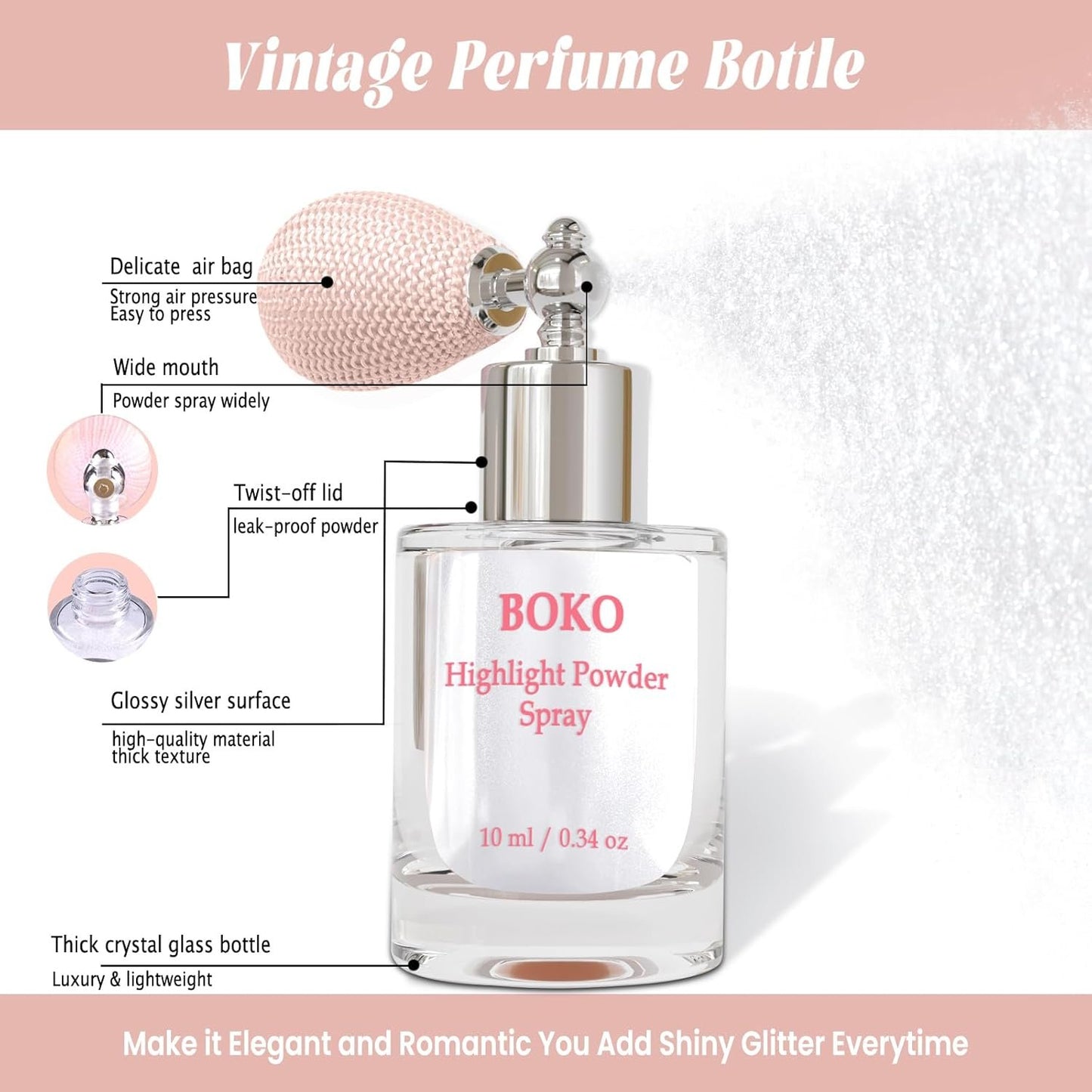 Boko Highlighter Powder Spray, Cosmetic Body Shimmer Spray High Gloss Diamond Highlight Glitter Powder Makeup Sparkle Glitter Hairspray Rave Accessories for Women Face Paint Hair Clothes