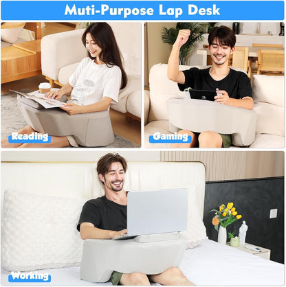 Reading Pillow for Gaming, Enlarge Arm Rest Pillow with Laptop Stand&Pocket for Adult, 100% Memory Foam Bed Rest Pillow for Gaming, Reading, Working, Laptop Desk Pillow for Couch Bed Floor,Grey