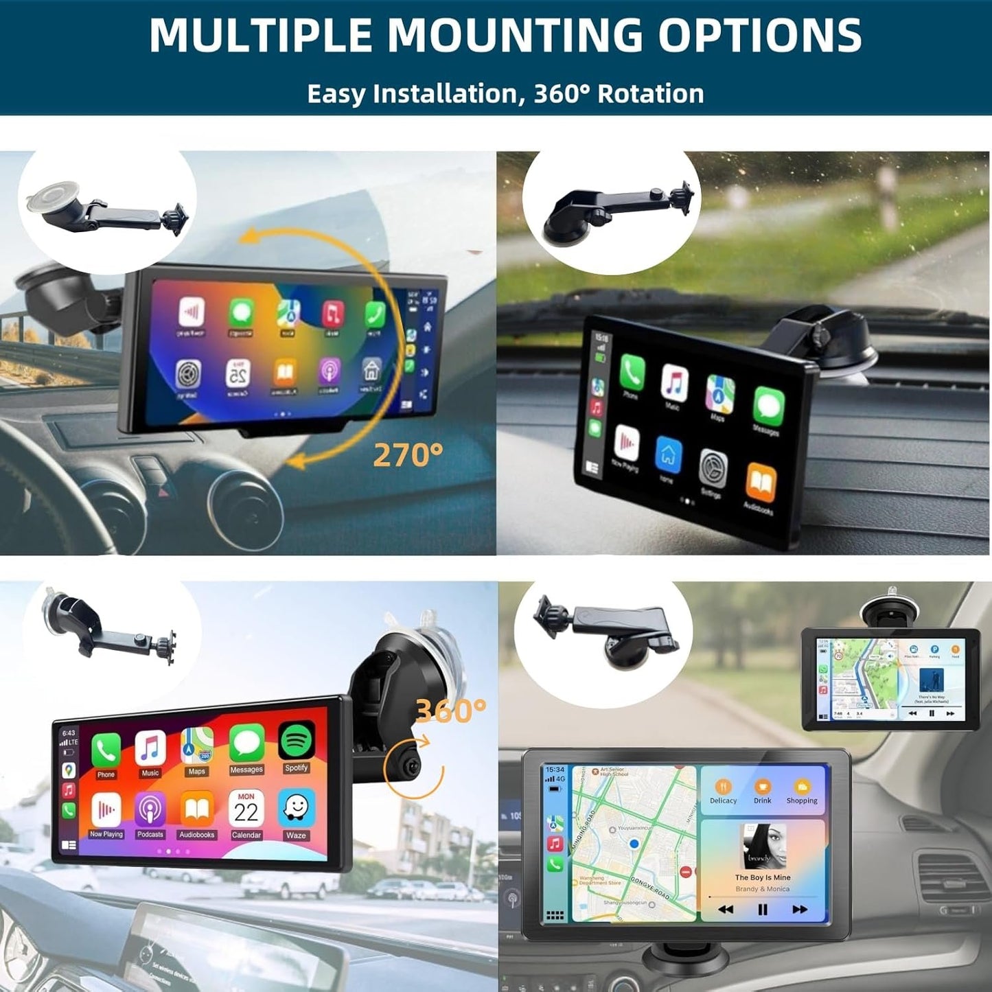Epronic Carplay Screen Mount, Bendable Flexible Dashboard Suction Cup Bracket for 7Inch 9Inch 9.3 Inch 10.26 Inch Portable Car Play Windshield GPS Mount Phone Holder