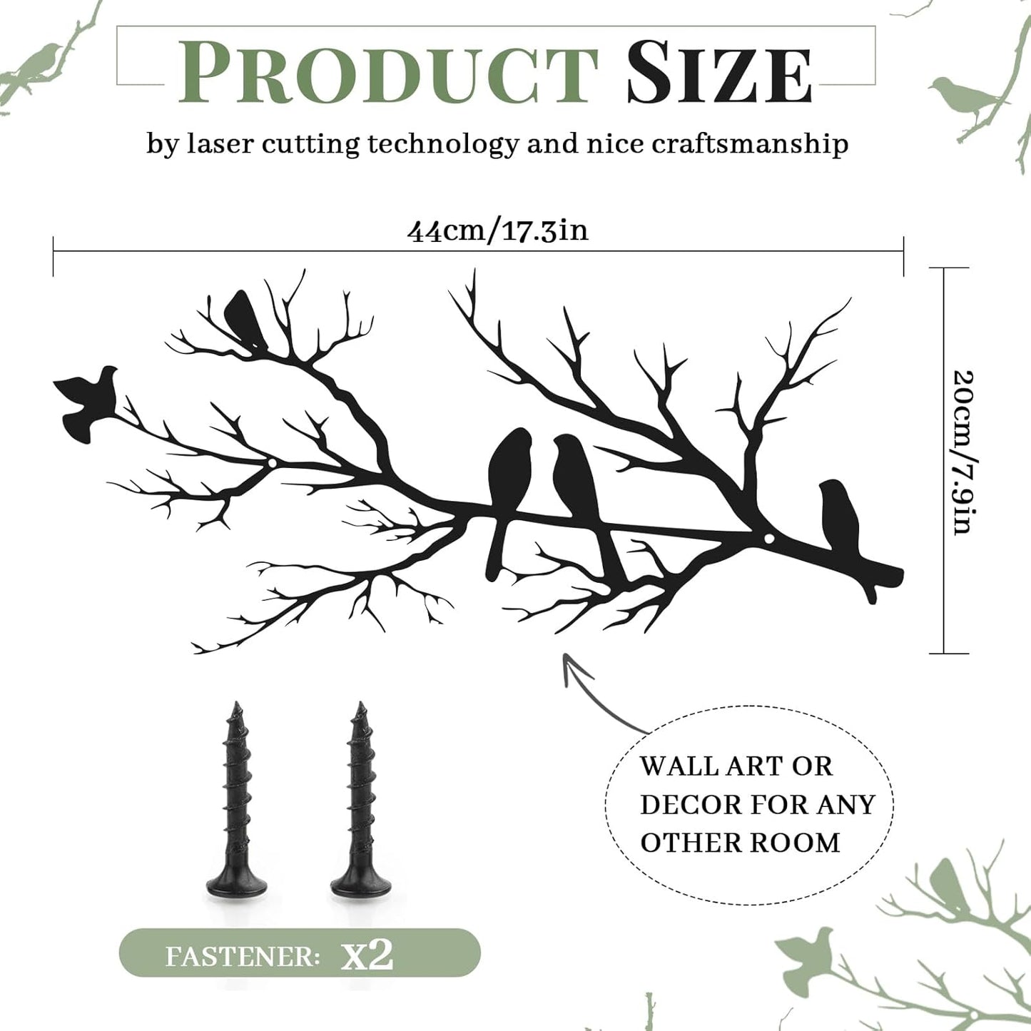 Metal Birds Wall Art Decor, Vivid Birds on Branch Wall Decor, Large Bird Silhouette Room Ornament, Leaves with Birds Hanging Wall Sculpture, Rustic Bird Wall Art for Home, Garden,Balcony, Grille