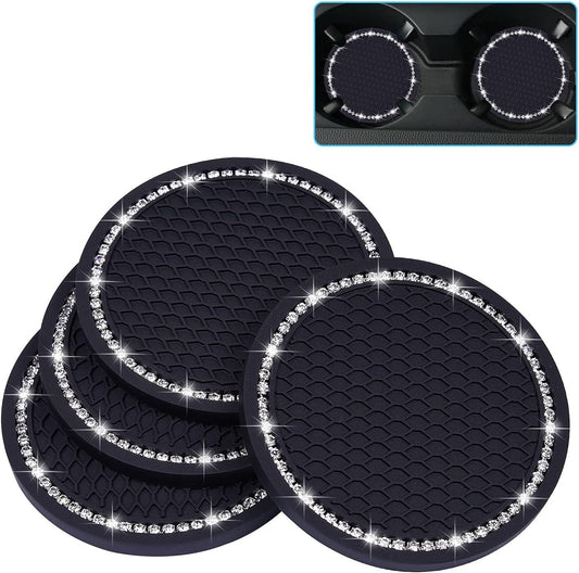 Bling Car Coasters, Wisdompro 4 Pack PVC Car Cup Holder Insert Coaster - Anti Slip Universal Vehicle Interior Accessories Crystal Glitter Cup Mats for Women and Men(2.75" Diameter, Black)