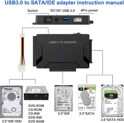 USB 3.0 to SATA/IDE Adapter, External Hard Drive Reader Ultra Recovery Converter Compatible with 2.5/3.5in HDD/SSD DVD Optical Drive