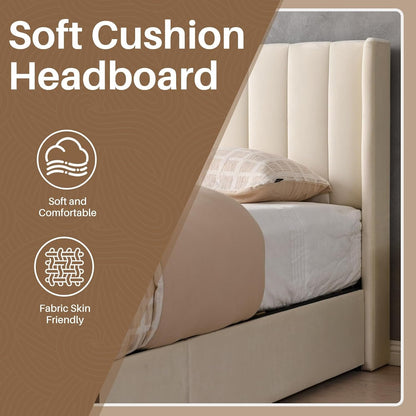 YUHUASHI Upholstered Queen-Size Platform Bed Frame with 4 Storage Drawers and Headboard, Velvet Upholstery with Wooden Slats Support, No Box Spring Required (Cream, Queen)