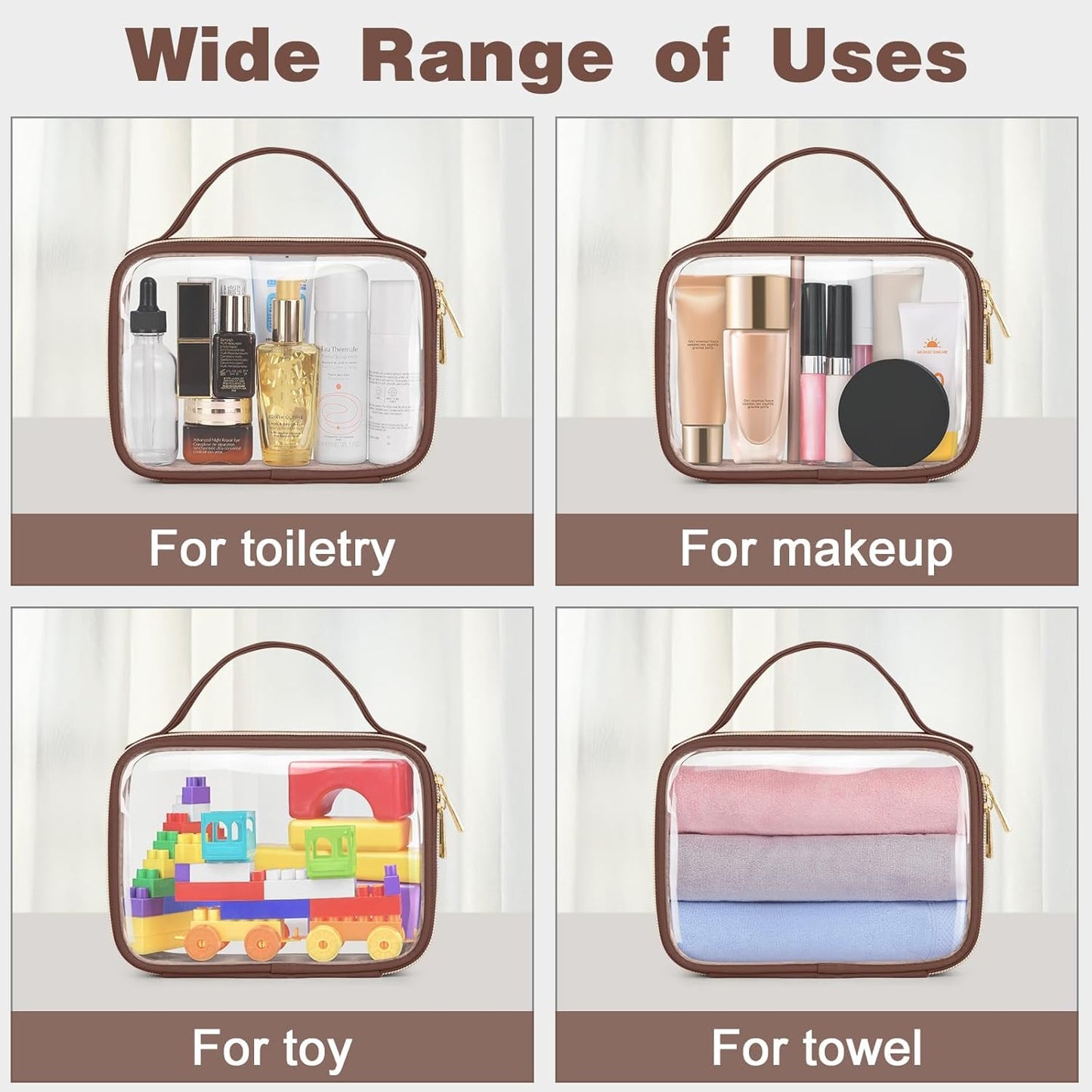 TSA Approved Toiletry Bag, Clear Makeup Bags with Handles, Quart Size PVC Clear Cosmetic Bags for Women and Men, Carry on Airport Airline Compliant Bag, Brown