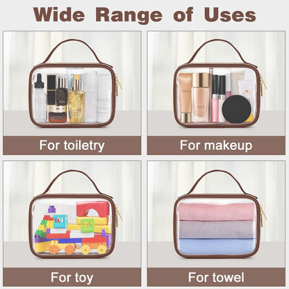 TSA Approved Toiletry Bag, Clear Makeup Bags with Handles, Quart Size PVC Clear Cosmetic Bags for Women and Men, Carry on Airport Airline Compliant Bag, Brown
