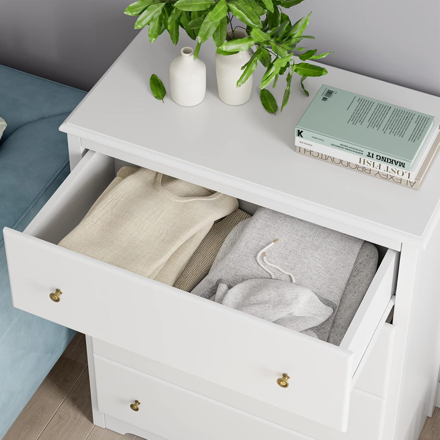 HOCSOK Chest of Drawers, Bedside Table with 4 Drawers, Multi-purpose Modern Design Wooden Cabinet for Bedroom, Hallway, Living Room, White, 74 x 40 x 94 cm