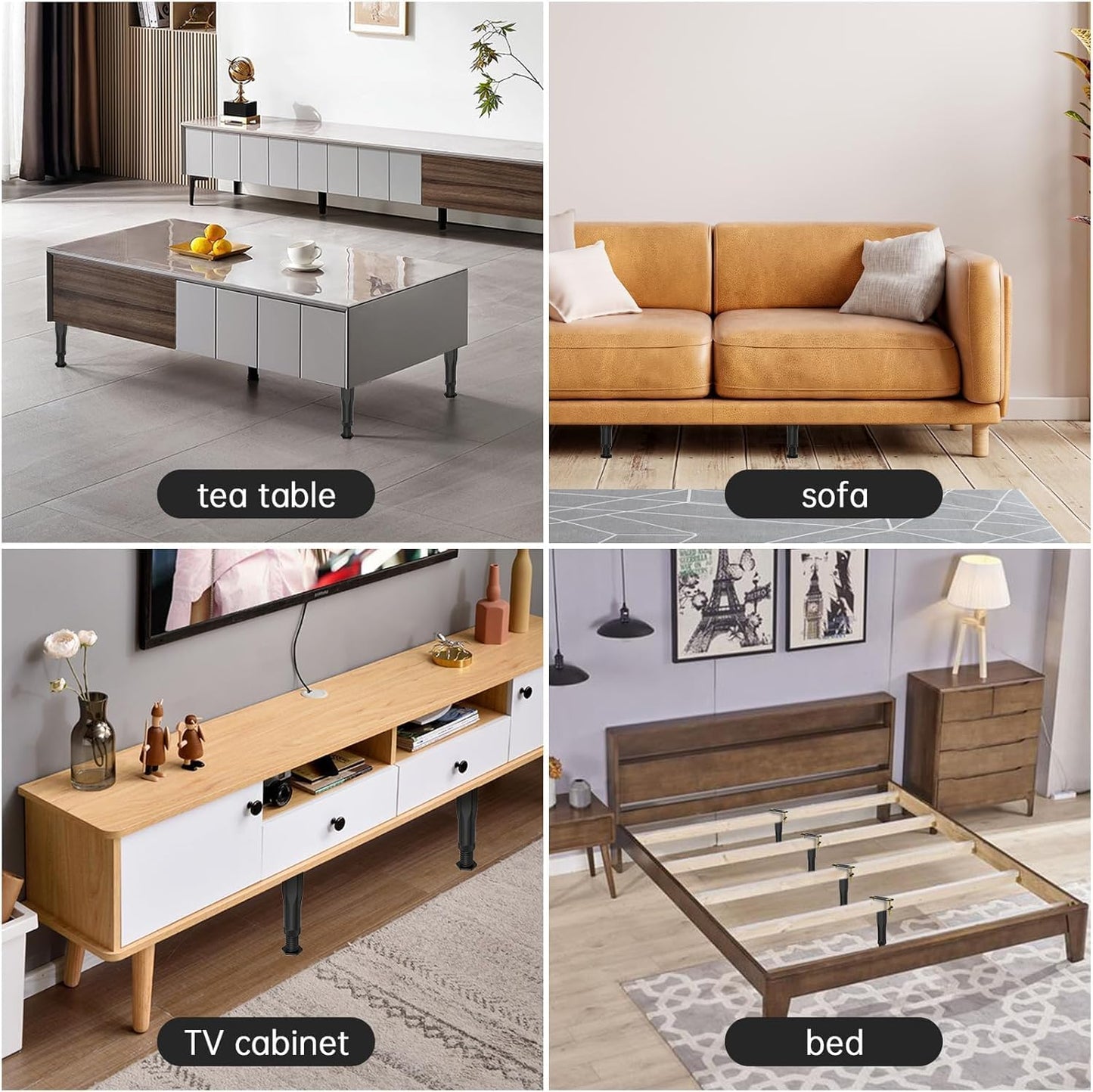 4 Pcs Adjustable Bed Legs Metal Feet Furniture Black,Bed Frame Center Support for Furniture,for Bed,Sofa Slat Support Bed Frame Center Support(21-37.5 cm)