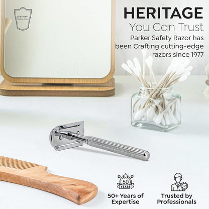 Parker 78R Double Edge Safety Razor with 5 Safety Razor Blades, Women & Men’s Safety Shaving Razor, Reusable Razor, Plastic Free – CHROME