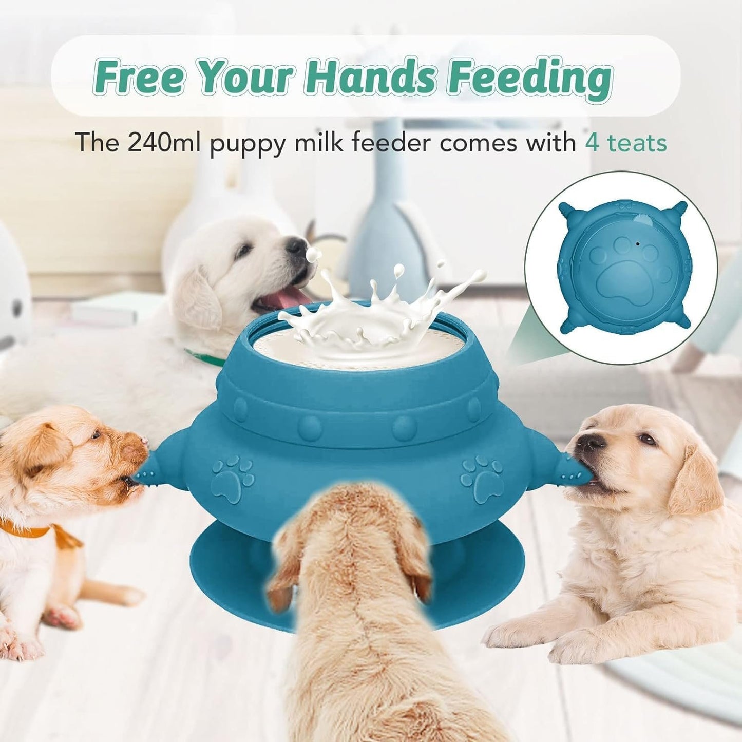 Puppy Feeder for Multiple Puppies, 4 Teats Puppy Milk Feeder Puppy Nipple Feeder Silicone Puppy Nursing Station, 240ml Puppy Nursing Bottles for Kittens, Puppies, Rabbits (One Size, Blue)