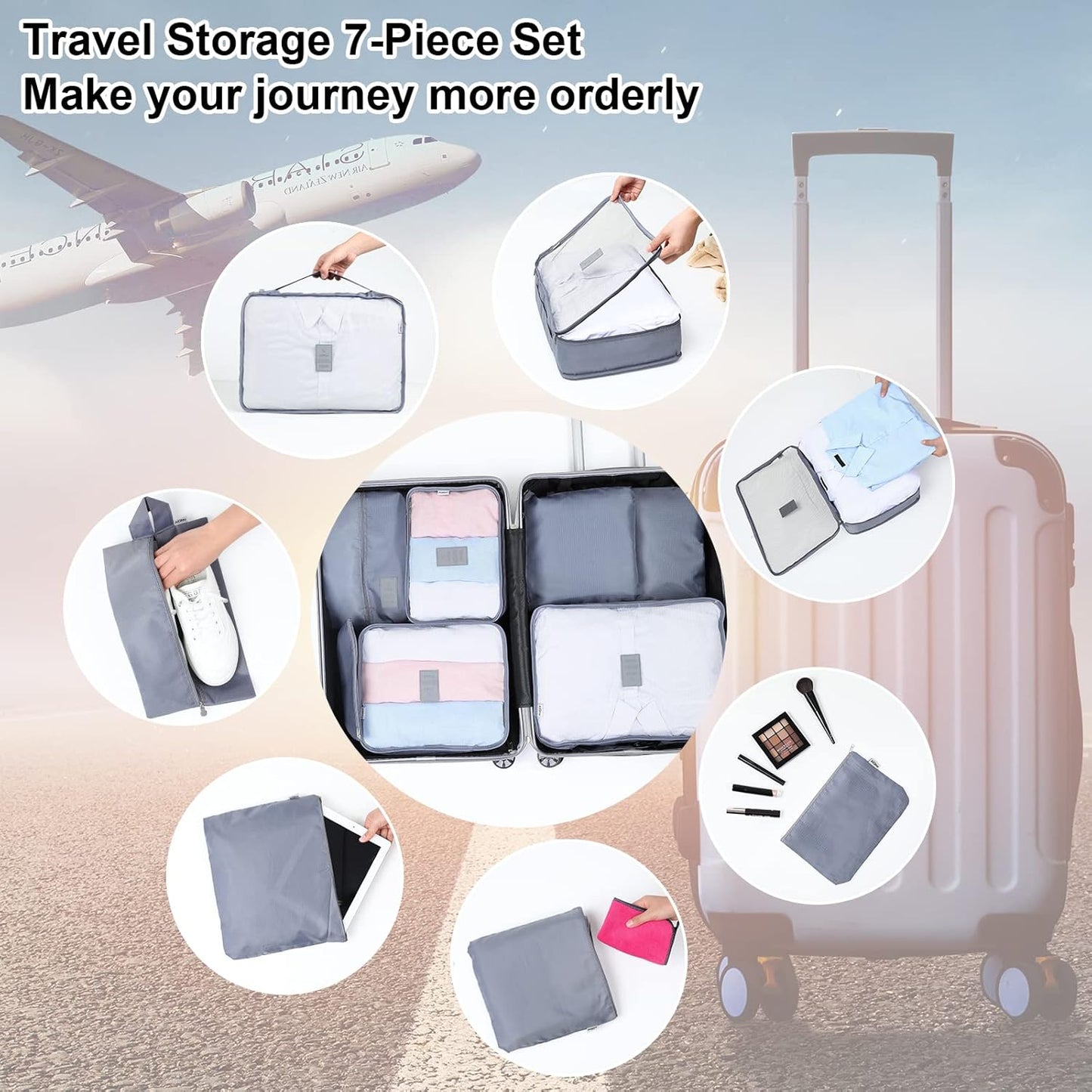 AiQInu 7-Piece Waterproof Packing Cube Set Travel Organizer for Clothes, Shoes, Underwear