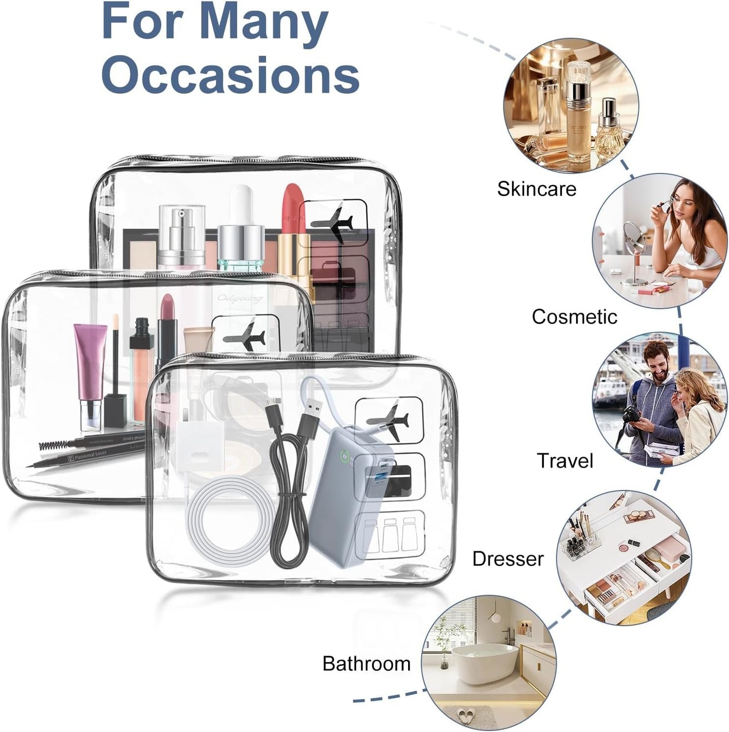 TECDW Clear Travel Toiletry Bag, 2PCS TSA Approved Airport Security Liquids Bags19.5x6cm, 1L Leakproof Clear Makeup Bags, Transparent Travel Wash Bag Holiday Essentials Luggage for Men Women (Black)