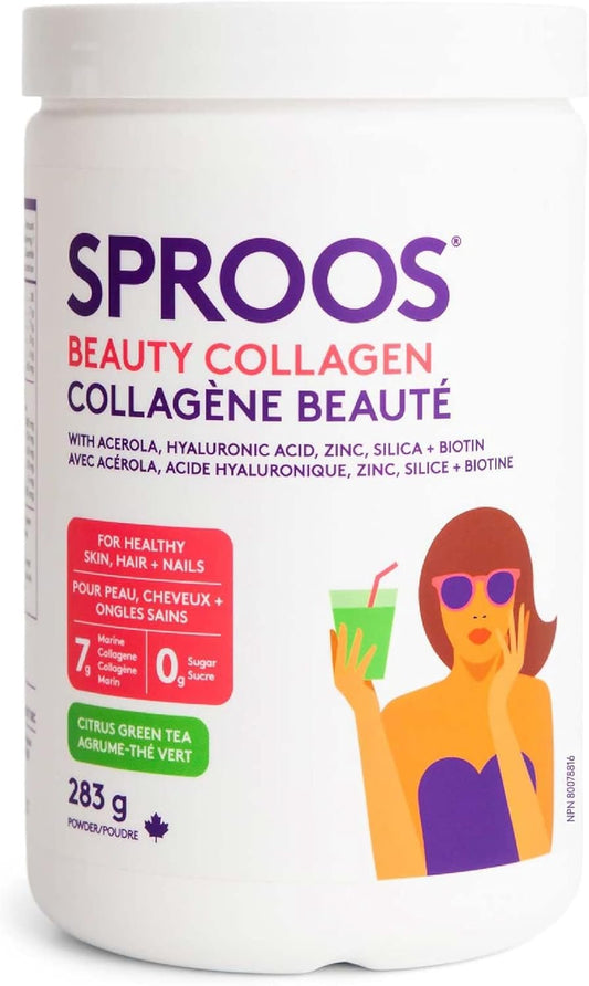 Sproos Beauty Collagen | Hydrolyzed Collagen Powder + Biotin, HA, Zinc | Enhanced Collagen Peptides Powder, Citrus Green Tea Flavour, Tub, 283g