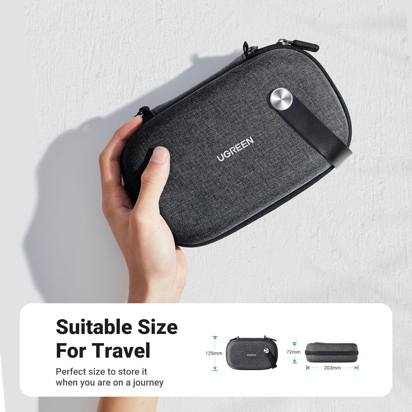 UGREEN Travel Case Gadget Bag, Portable Electronics Accessories Organiser, Cable Tidy Storage Box Pouch, with Double Layer, Zipper, Snap Hook, Carrying Strap, Small, Black