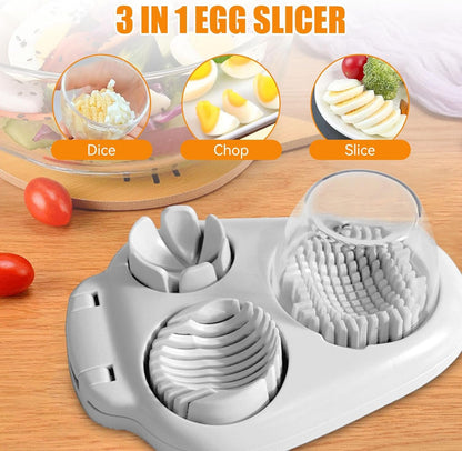 3 in 1 Egg Slicer for Hard Boiled Eggs, Portable Multifunctional Egg Cutter with Stainless Steel Wire, Food Evenly Slice Dice Chop Grape Strawberry Banana Tomato Mushroom for Kitchen Chopper Tool