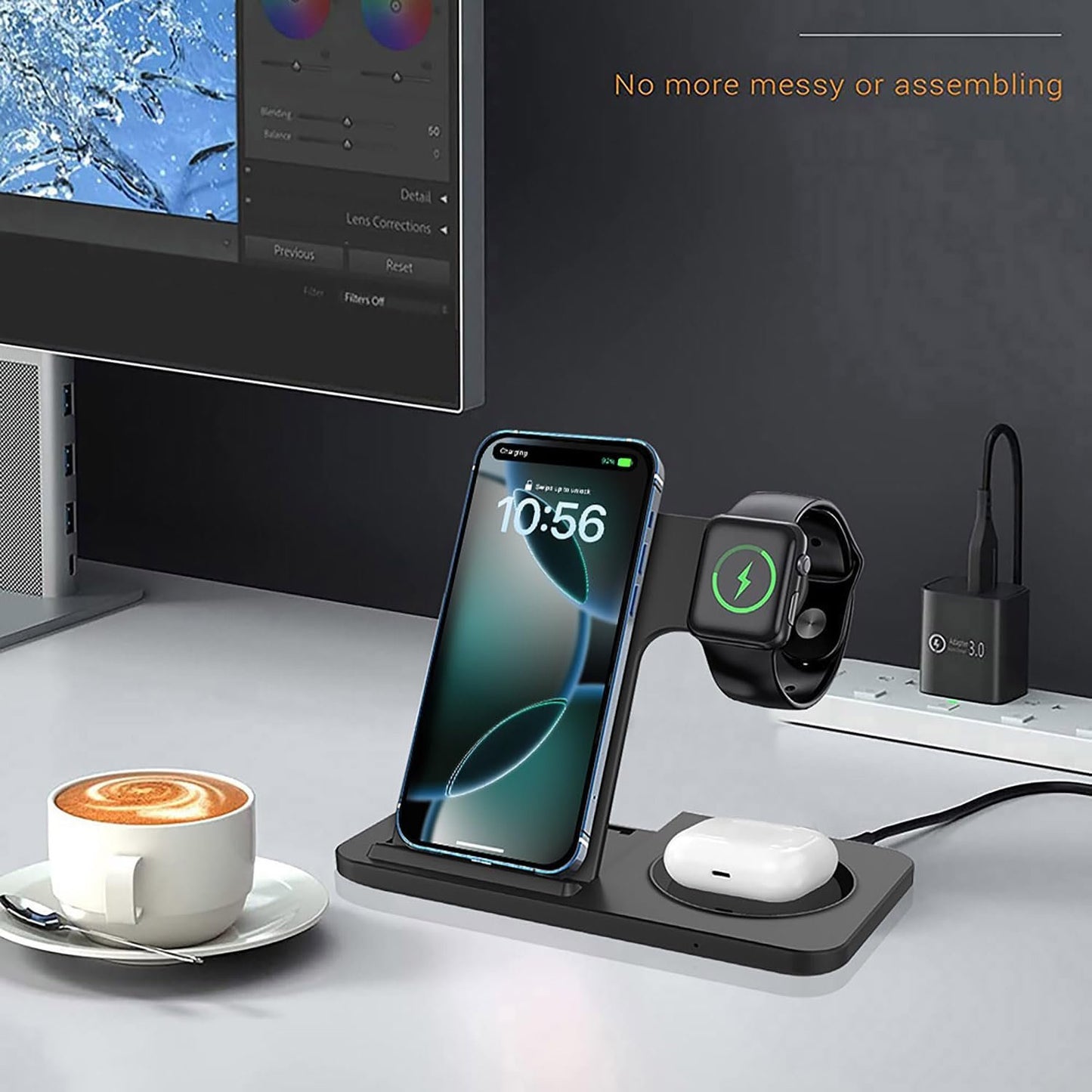 3 in 1 Wireless Charger Charging Station Foldable 15W Fast Charge Stand for iPhone 16 15 14 13 12 11 Pro Max XS XR 8 Plus,AirPods Pro2/4/3/2,Apple Watch Series 10/Ultra 2/9/8/7/6/SE/5/4/3/2,Black