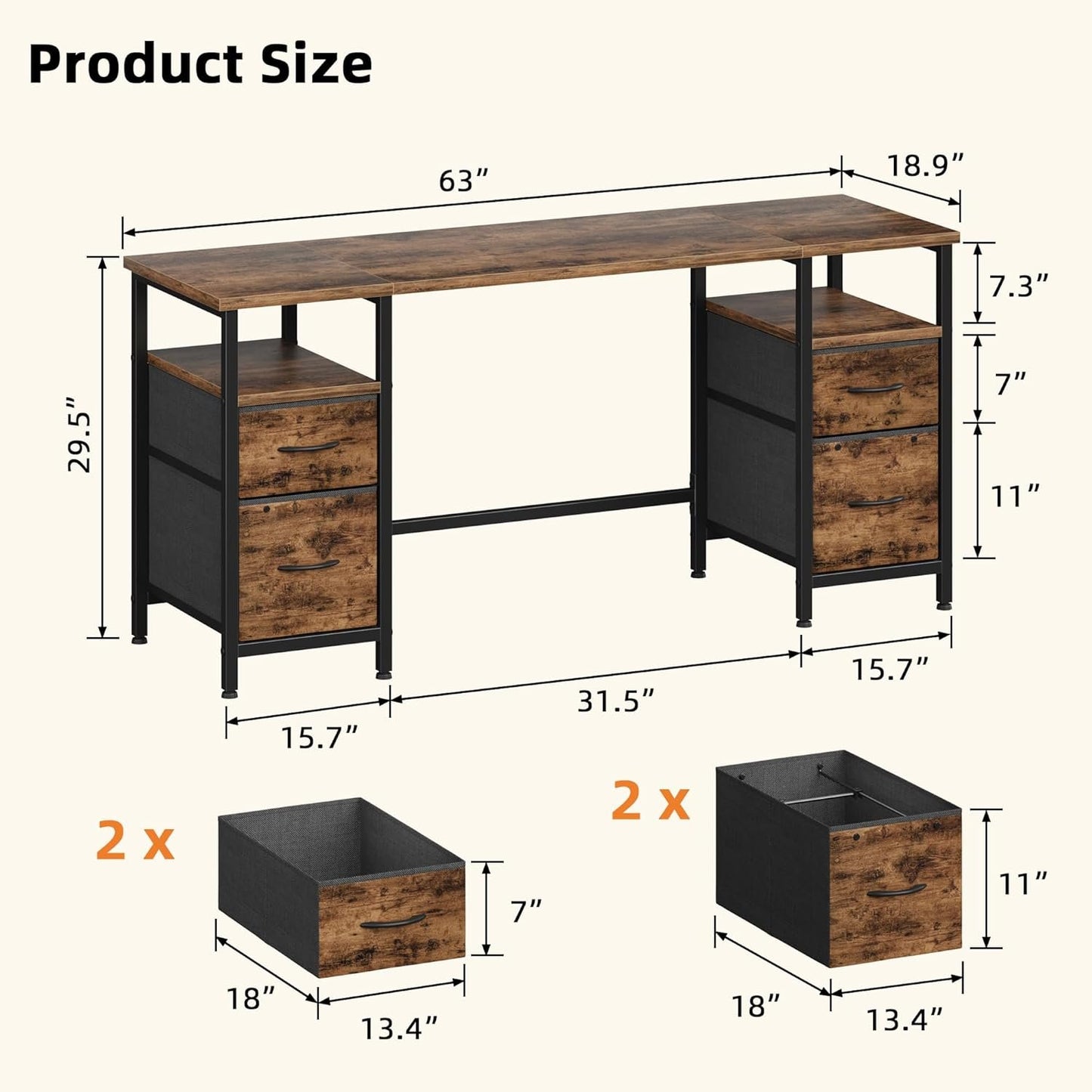 YAOHUOO Computer Desk with 4 Fabric Drawers Organizer - 63"/160 Office Desks with File Drawer Organization, PC Work Desk Study Writing Table Workstation for Home Office Space Rustic Brown
