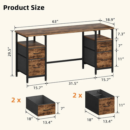 YAOHUOO Computer Desk with 4 Fabric Drawers Organizer - 63"/160 Office Desks with File Drawer Organization, PC Work Desk Study Writing Table Workstation for Home Office Space Rustic Brown