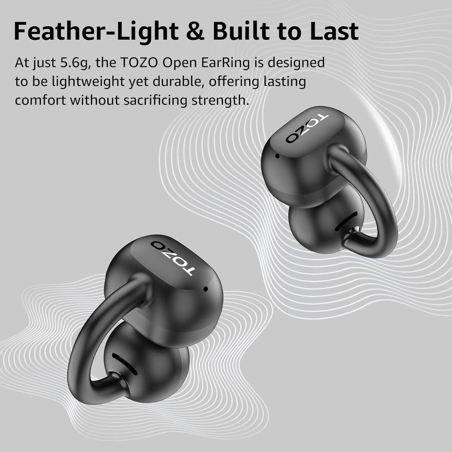 TOZO New OpenEarRing True Open Ear Headphones, Lightweight Comfort Open Ear Clip Wireless Earbuds, 40H Play Bluetooth 5.4 Headphones with Smart Digital Display Design Fit Sports Running, Workout Black