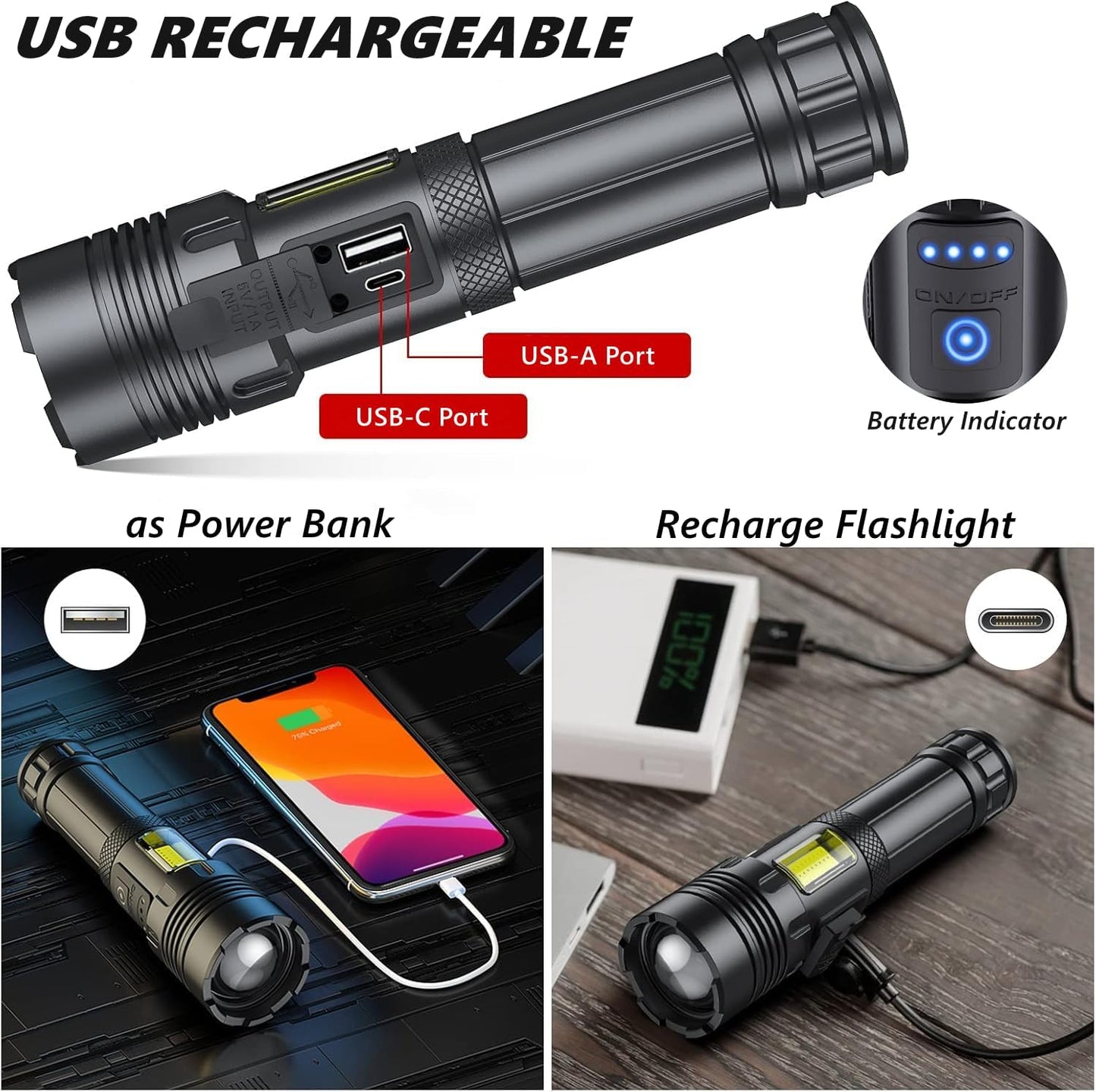 LED Torch Rechargeable Flashlight with Cob Side Light, High Lumens Super Bright Torch, High Powered Torches, Powerful Handheld Tactical Flashlight for Emergency Camping Hiking, 2 Pack