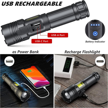 LED Torch Rechargeable Flashlight with Cob Side Light, High Lumens Super Bright Torch, High Powered Torches, Powerful Handheld Tactical Flashlight for Emergency Camping Hiking, 2 Pack