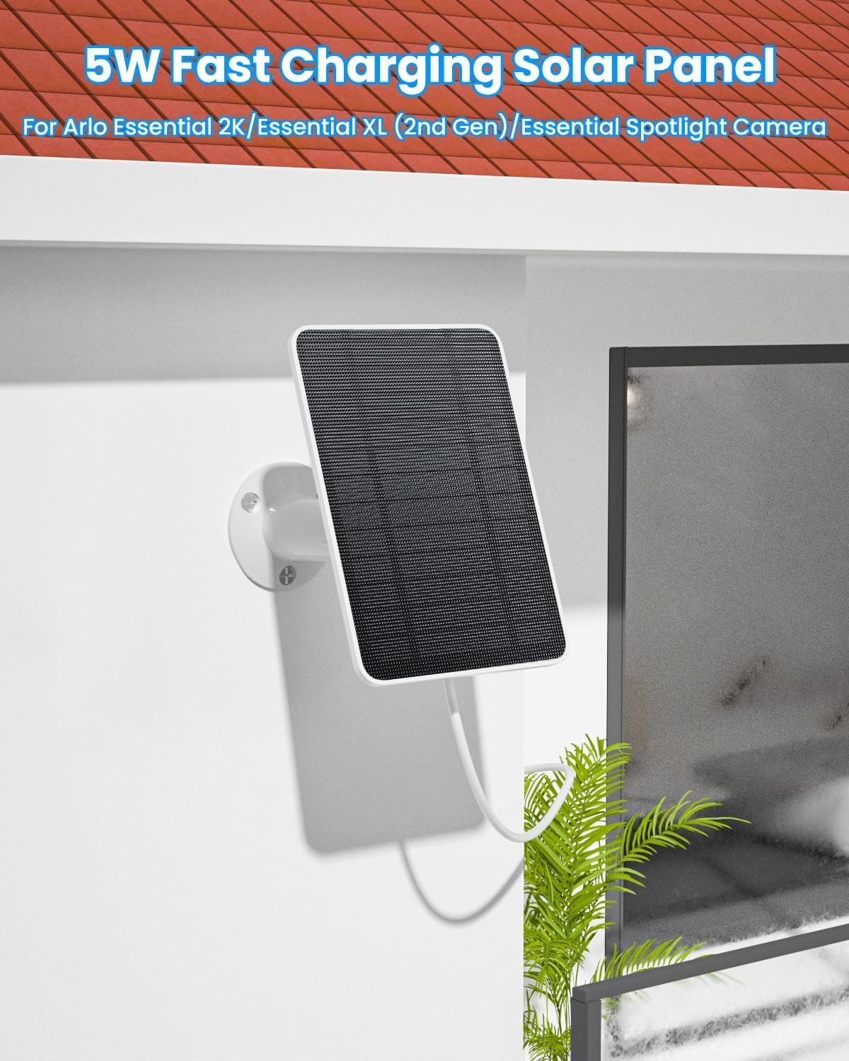 Solar Panel Charger Compatible with Arlo Essential 2K Outdoor(2nd Gen)/Essential XL Camera(2nd Gen)/Essential Spotlight, 5W Solar Panel with IP65 Waterproof 10ft Micro USB-C Cable (2 Pack)