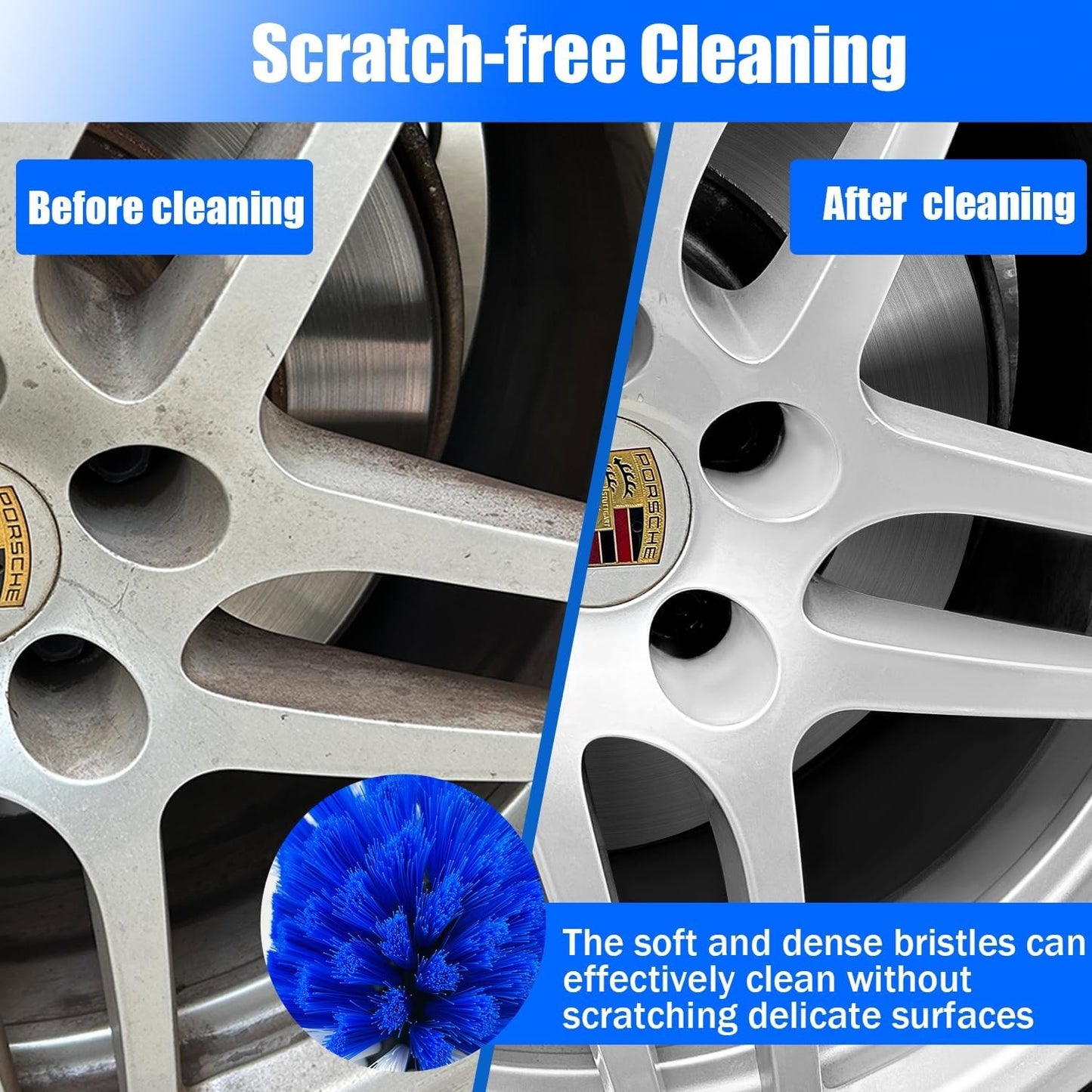 Wheel Brush Kit, Soft Drill Wheel Cleaner Brush, Tire Brush, Detailing Brush, and Detailing Pads, No Scratches Car Wheel Cleaning Kit for Wheels, Tires, Rims, Engines, Exhaust(Blue+White, 6 Pk)