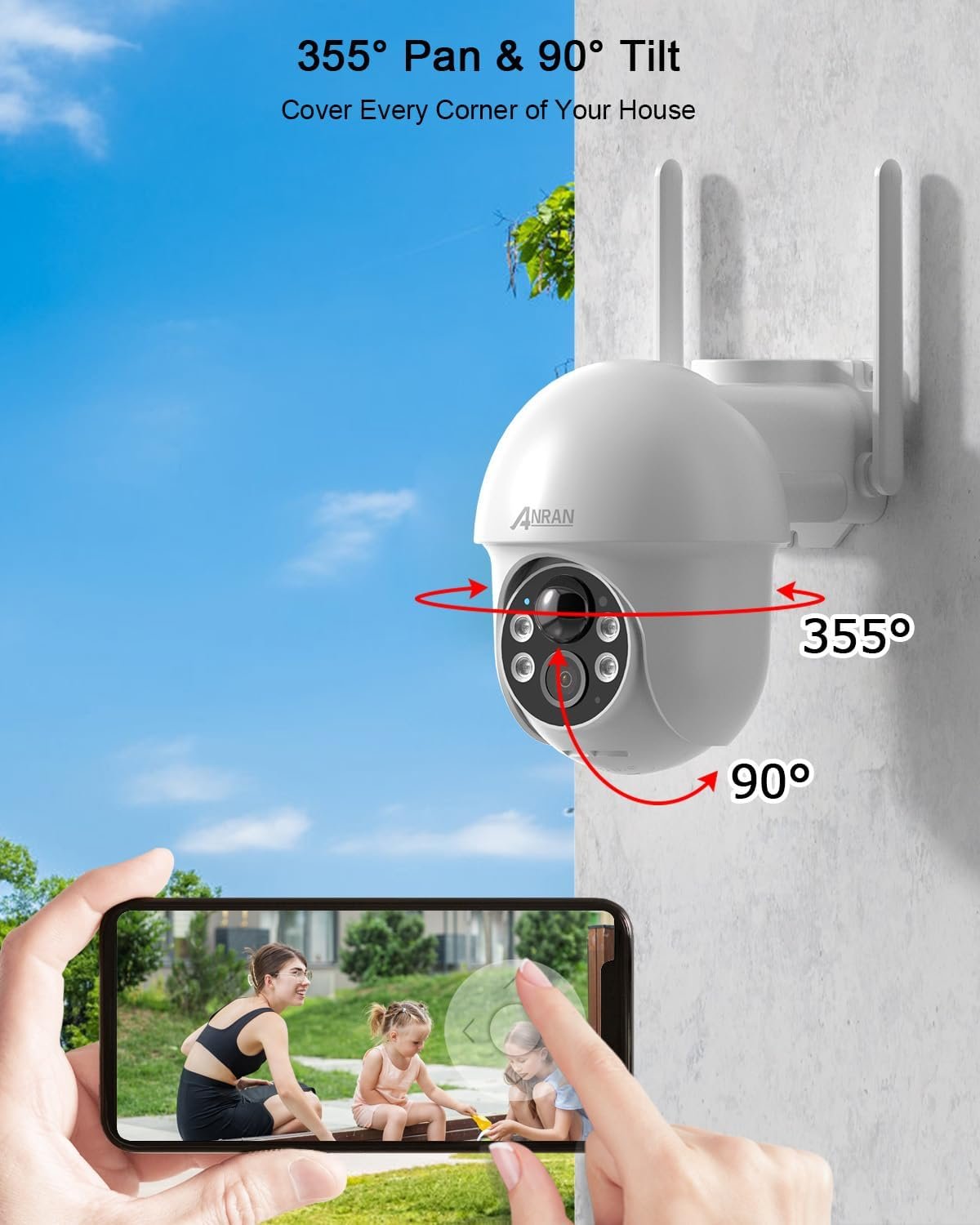 ANRAN 2K Security Camera Wireless Outdoor, Solar Outdoor Camera with 360° View, Smart Siren, Spotlights, Color Night Vision, PIR Human Detection, Pan Tilt Control, 2-Way Talk, Q01W 2 Packs