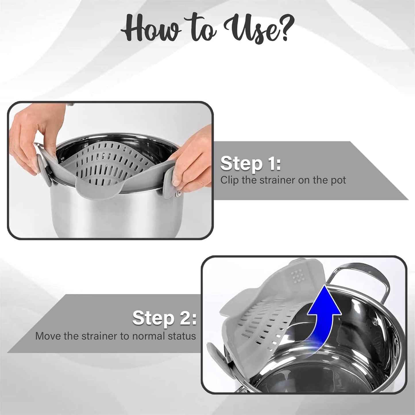 Gemsie Strainer and Pasta - Adjustable Silicone Clip On for Pots, Pans, Bowls, Kitchen Gadget, Gadgets Home, Must Haves, Fits All Bowls Pots Grey 9.05''x4.92''x2.63''