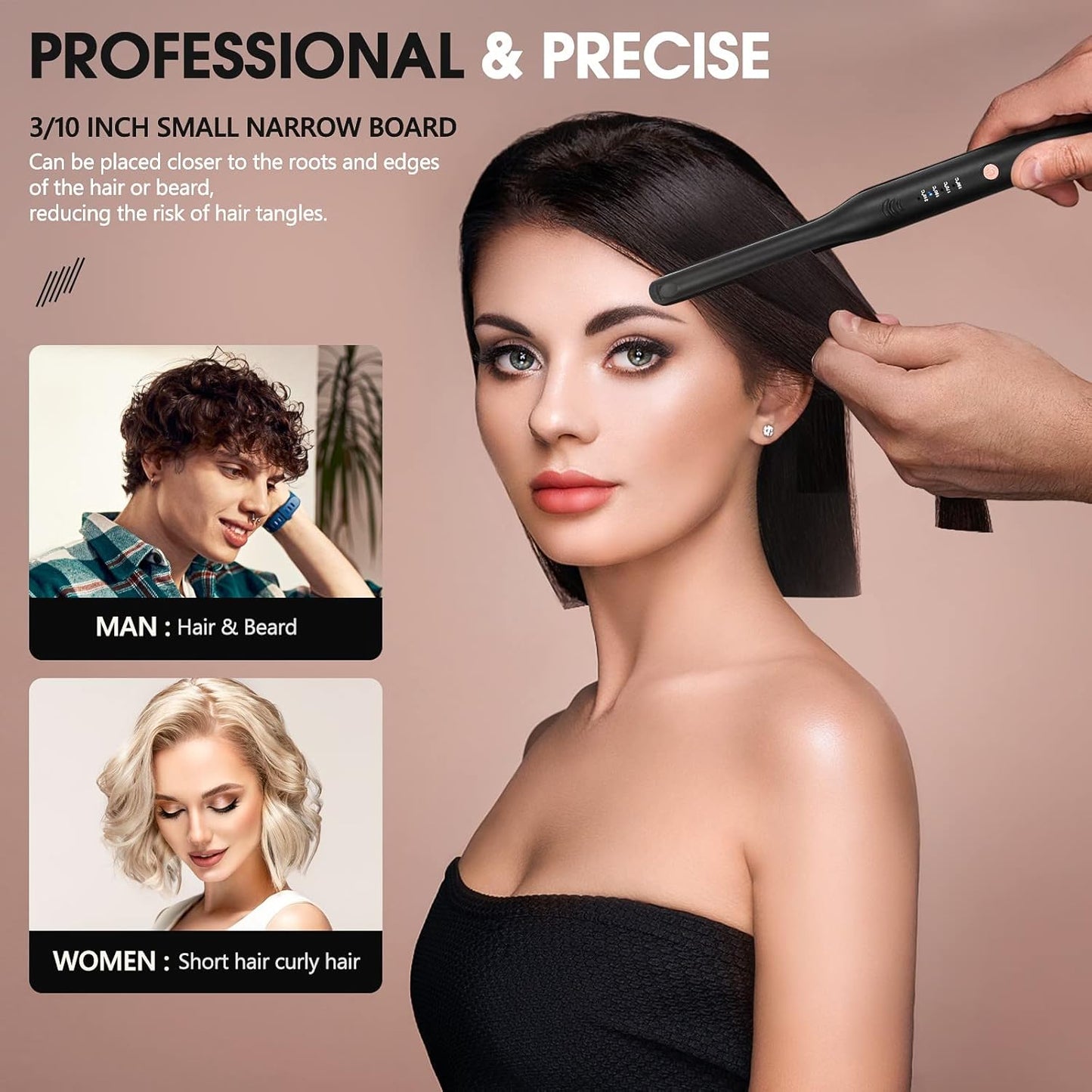 HyAdierTech 2in1 Mini Ceramic Short Hair Straighteners, Mini Straightener for Short Hair, Portable, Adjustable Temperature 150℃-210℃, Dual Tension, Suitable for Men and Women, Black