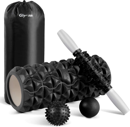 Glymnis Foam Roller Kit 4 in 1, Includes 1 x Muscle Massage Roller 1 x Massage Stick and 2 x Massage Ball for Deep Tissue Muscle Recovery, Myofascial Release, Yoga