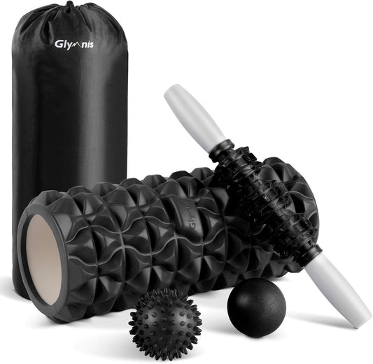 Glymnis Foam Roller Kit 4 in 1, Includes 1 x Muscle Massage Roller 1 x Massage Stick and 2 x Massage Ball for Deep Tissue Muscle Recovery, Myofascial Release, Yoga